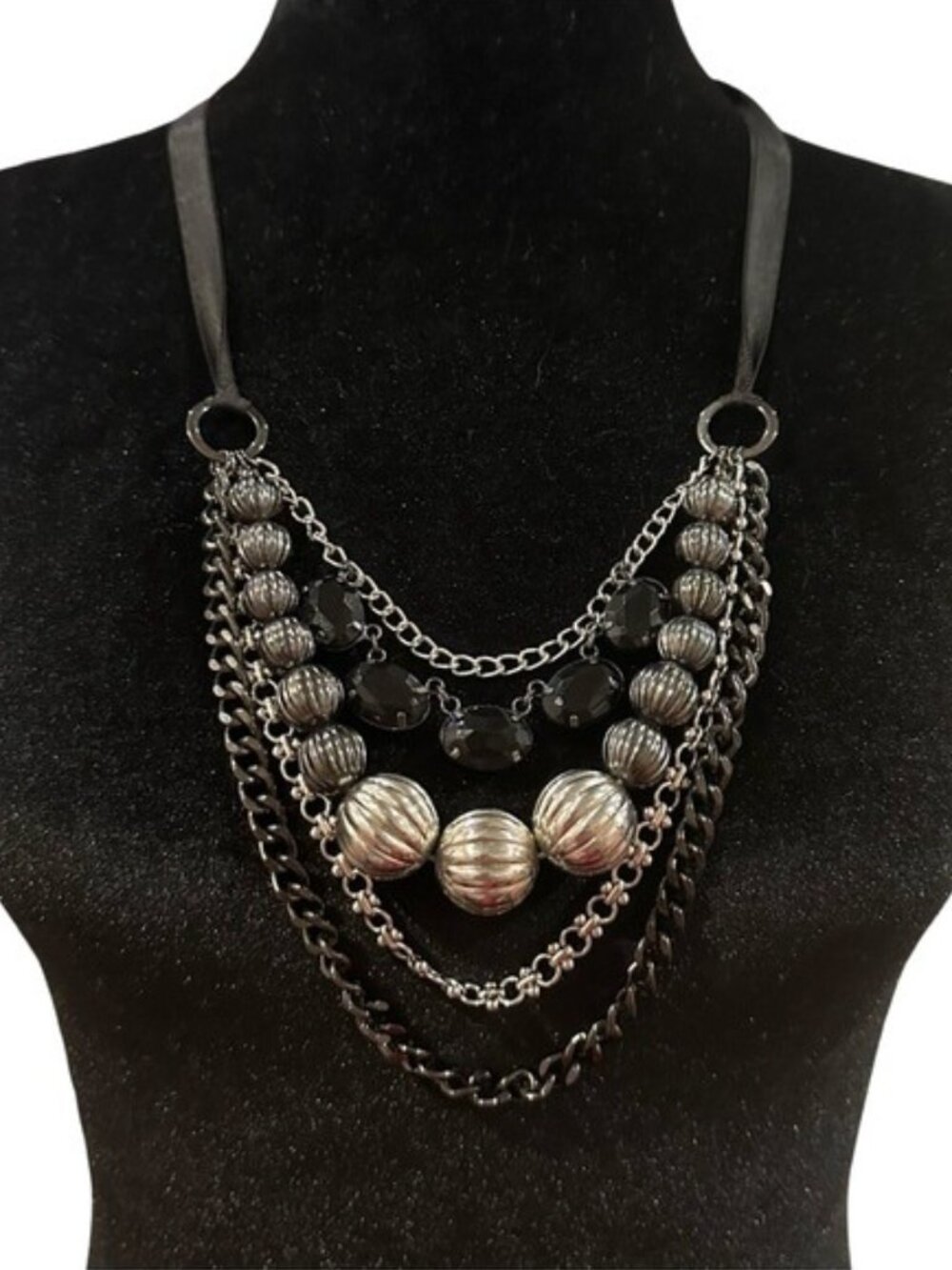 Chunky Necklace Black Silver Tone Beads Ribbon Tie Behind Neck
